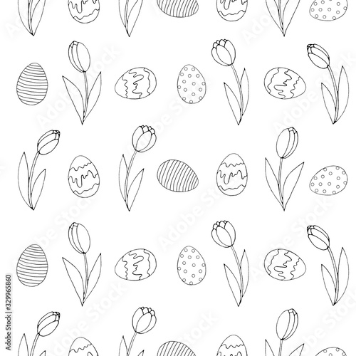 Wallpaper Mural Seamless Pattern with growing contour flowers tulips, eggs. Easter spring background. For printing wrapping paper, wallpaper, packaging, fabric. Hand Drawn doodle illustration Torontodigital.ca