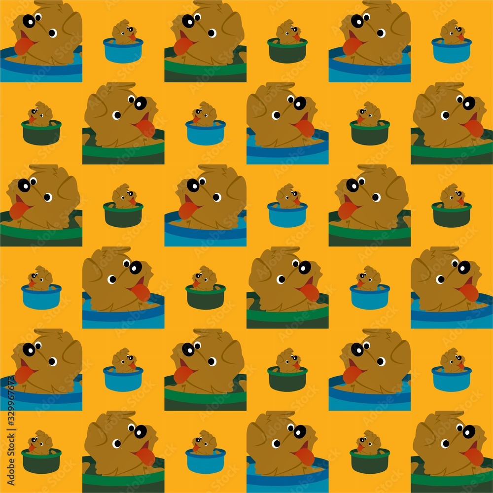 Obraz premium Dog in the Bucket Pops Out his Tongue Cute Illustration, Cartoon Funny Character, Pattern Wallpaper