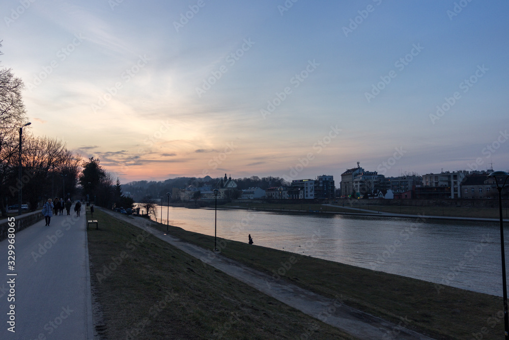 Sunset in Vistula river in Krakow (Poland)