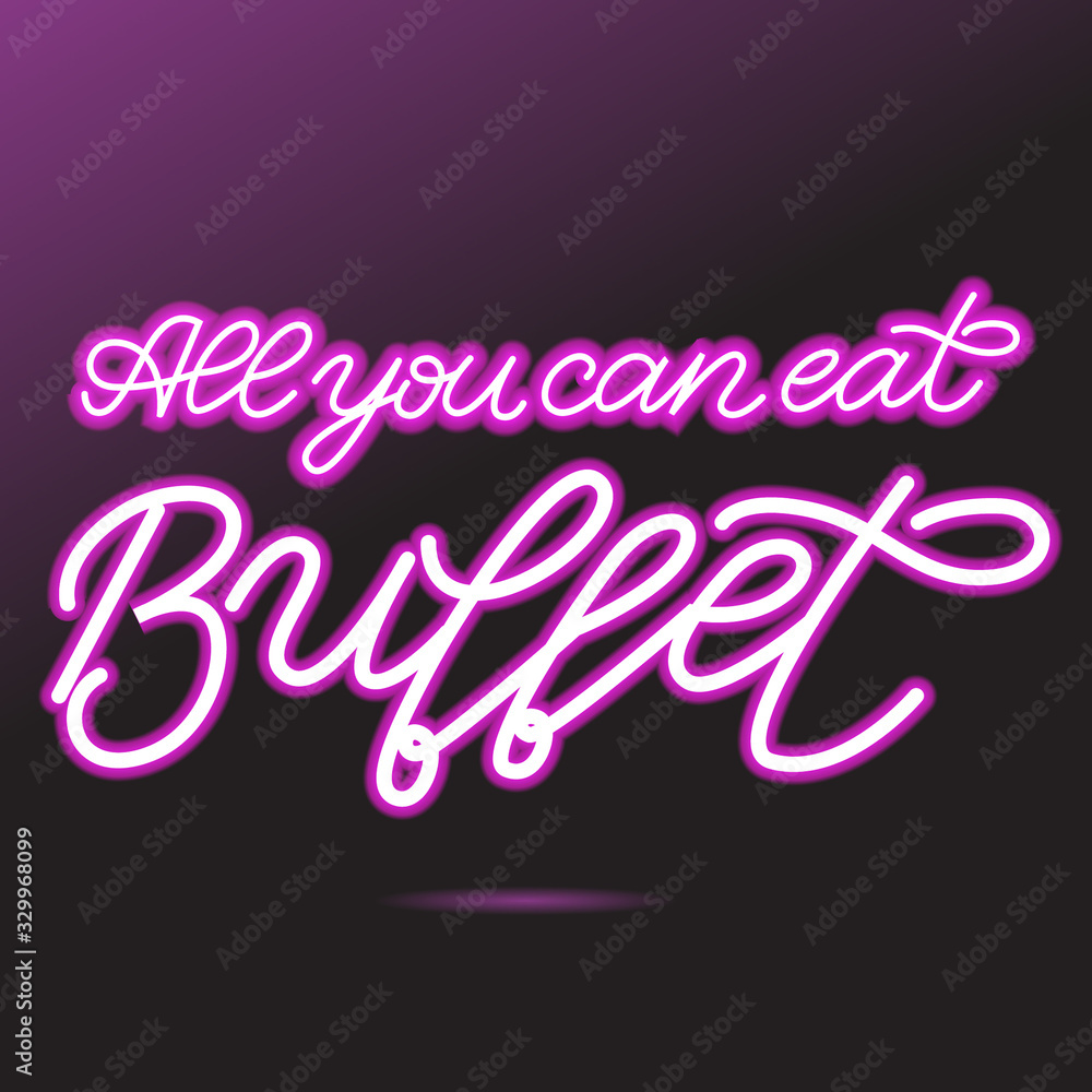 Pink neon glow handwritten All you can eat Buffet lettering vector illustration. Logo, sign