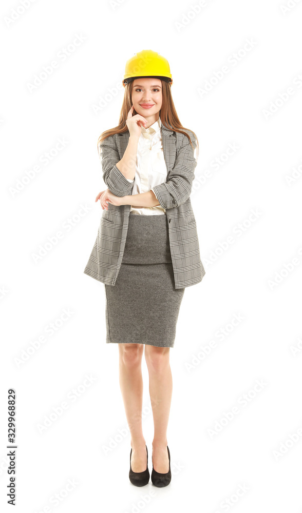 Female engineer on white background