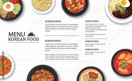 Korean food menu restaurant on a white wooden table top template background. Use for poster, print, flyer, brochure.
