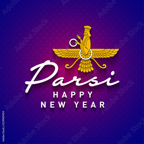 Parsi Happy New Year background or Poster, Logo, Design, Concept, Template, Banner, Icon, Unit, Label, Web, Symbol, Sign, Mnemonic with the illustration of Parsi God Ahura Mazda or Ahuramazda - Vector photo