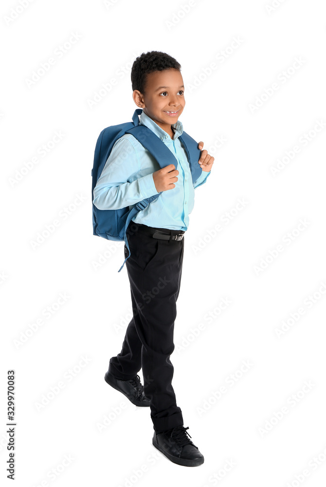 Naklejka premium Cute African-American schoolboy on white background