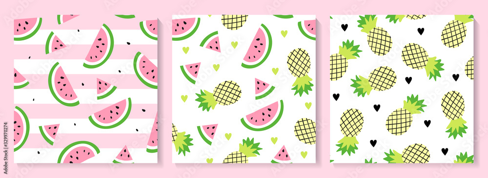 A set of watermelon and pineapple seamless pattern. - obrazy, fototapety, plakaty 