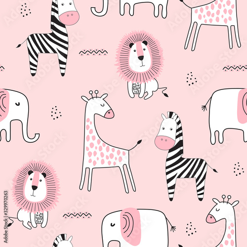Seamless childish pattern with cute animals in black and white style.