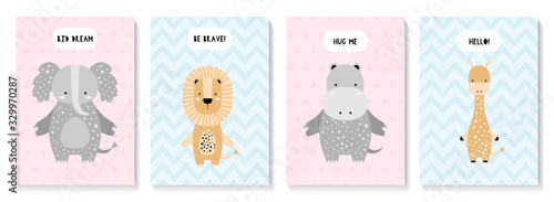A set of cute cards with animals. Elephant, lion, giraffe, hippo