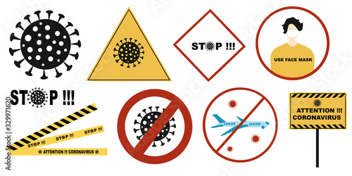 Coronavirus  Pandemic sign set. Stop, attention Covid-19 , 2019-nCoV Novel Coronavirus , Cancellation of flights , face mask sign
