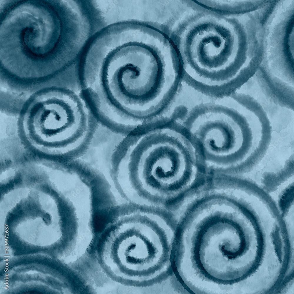 Watercolor bluestone spiral abstract background with splashes, drops. Handpainted texture