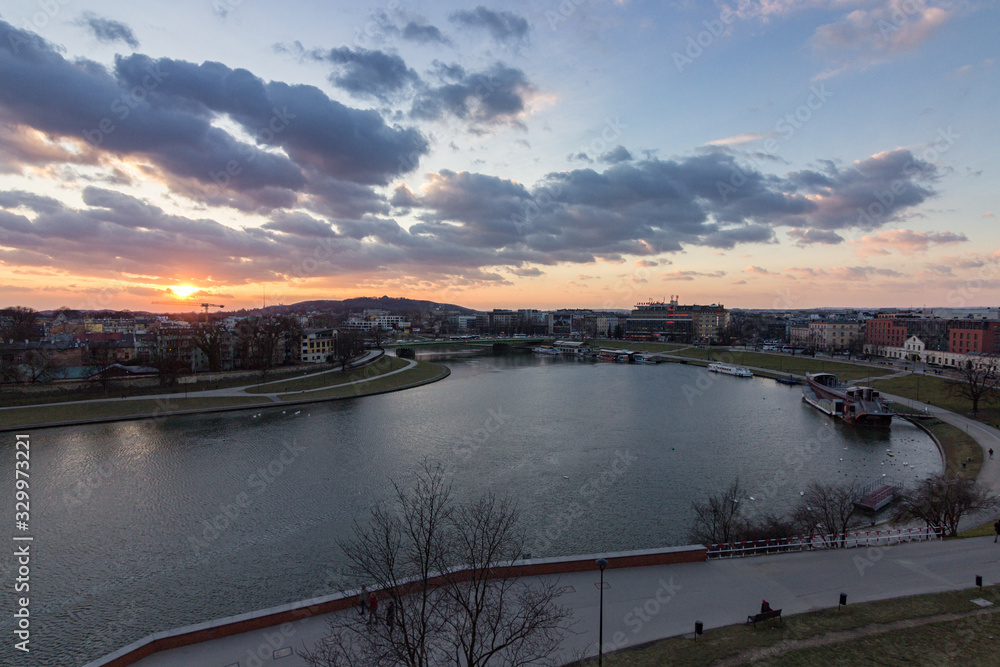 Sunset in Vistula river in Krakow (Poland)