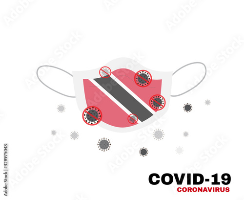 Medical face mask with symbol of Trinidad and Tobago to protect Trinidadians and Tobagonians people from coronavirus or Covid-19, virus outbreak protection concept, sign symbol background.