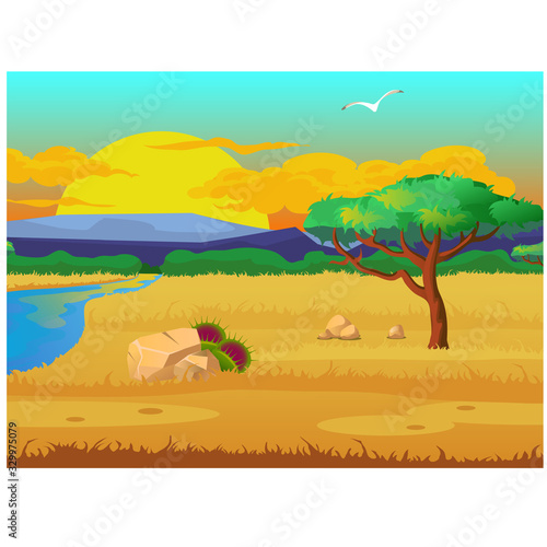 Picturesque landscape with a river  a meadow of dried grass  trees and flying bird. Vector cartoon close-up illustration.