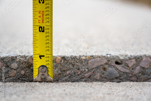 Canvastavla Frost heave crack in residential concrete sidewalk with tape measure