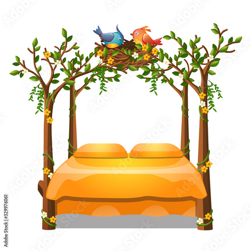 Cute orange color bed with decor form of a frame of stems of trees with nest with the birds isolated on white background. Vector cartoon close-up illustration.