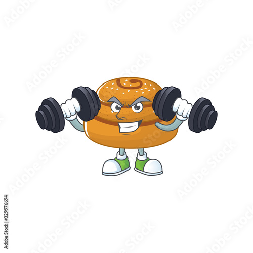 Mascot design of grinning Fitness exercise kanelbulle lift up barbells