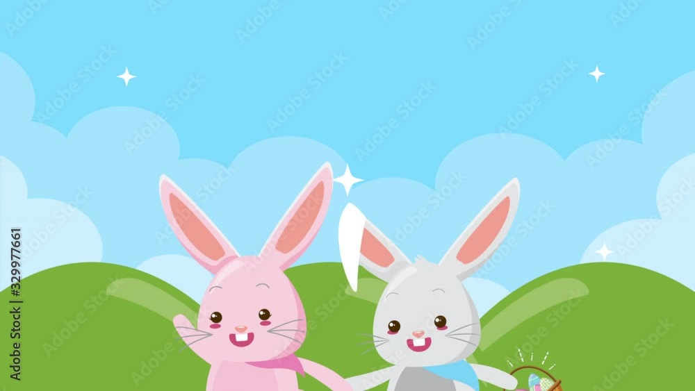 happy easter animated card with rabbits couple in the field happy easter animated card with rabbits couple in the field