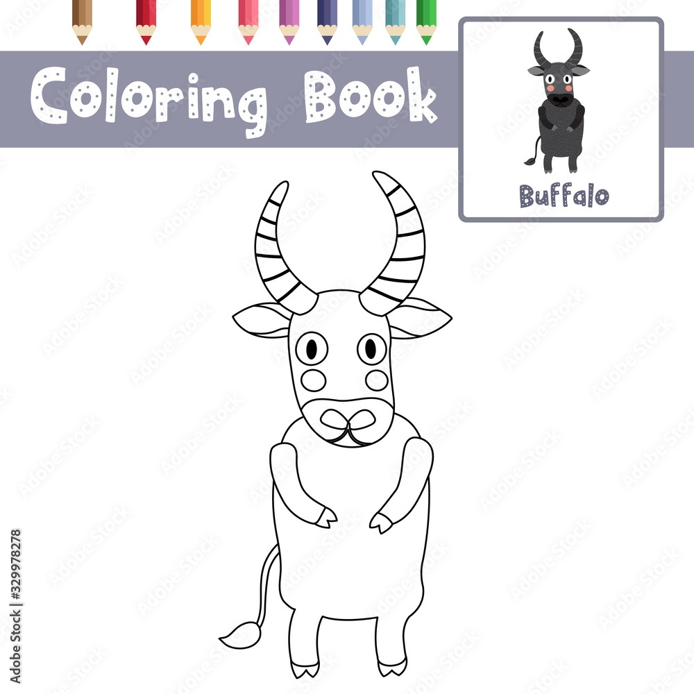 Coloring page Buffalo standing on two legs animal cartoon character vector  illustration Stock Vector | Adobe Stock