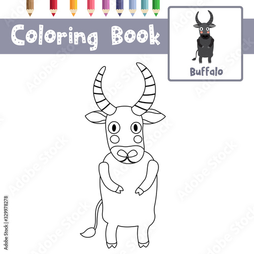 Coloring page Buffalo standing on two legs animal cartoon character vector illustration