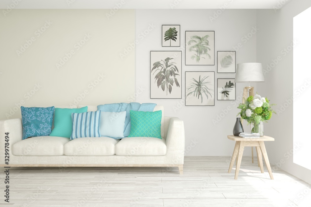 Modern living room in white color with sofa. Scandinavian interior design. 3D illustration Modern living room in white color with sofa. Scandinavian interior design. 3D illustration