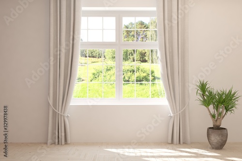 Stylish empty room in white color with summer landscape in window. Scandinavian interior design. 3D illustration