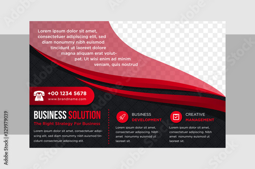 Horizontal vector background template for page covers, flyers, leaflets or advertising billboards. A4 size proportion. Space for photo on top. Transparency square pattern. red gradient for element