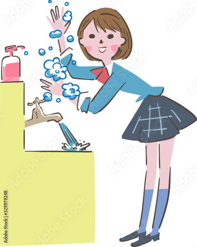 手を洗う女子学生　イラスト
