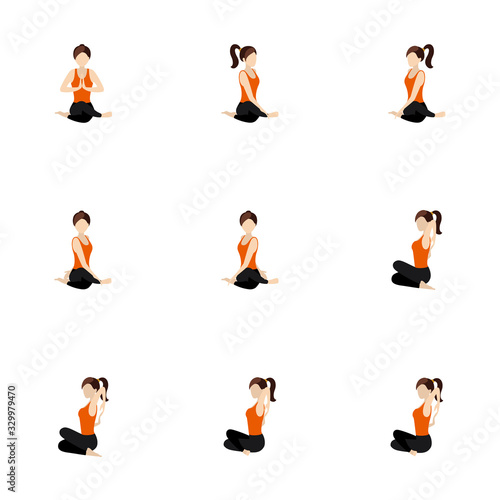Cow face pose variations yoga asanas set/ Illustration stylized woman practicing gomukhasana and twist