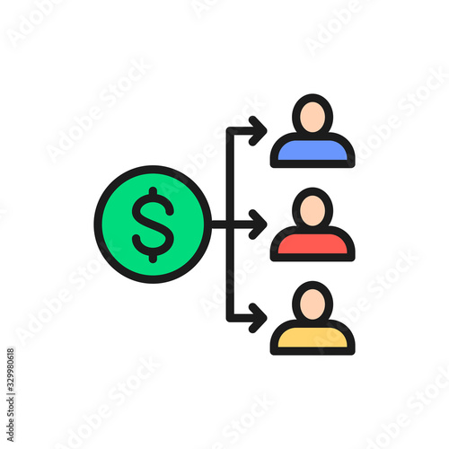 Income distribution, dividend payment, salary, money coin with people color icon