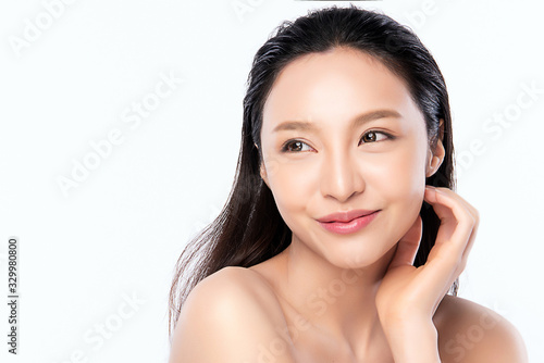 Beautiful Young Asian Woman with Clean Fresh Skin. Face care, Facial treatment, Cosmetology, beauty and healthy skin and cosmetic concept .woman beauty skin isolated on white background