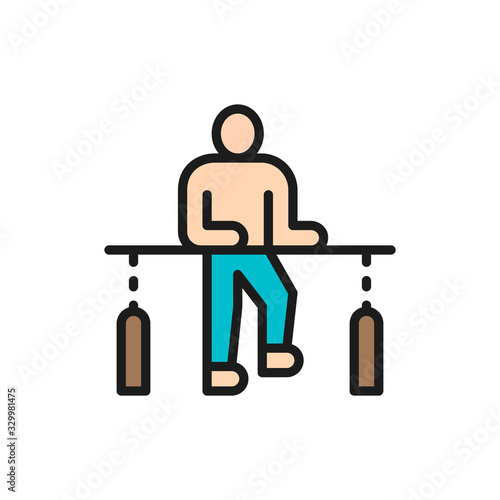 Patient recovery, physiotherapy, rehabilitation treatment flat color line icon.