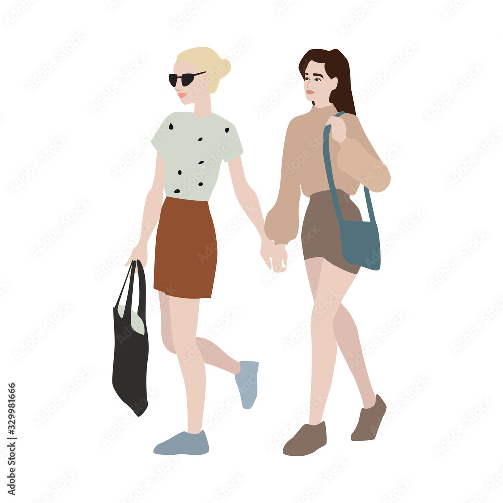 Trendy young women holding hands, walking together shopping. Flat cartoon characters isolated on white background. Colorful vector illustration. Trendy young women holding hands, walking together shopping. Flat cartoon characters isolated on white background. Colorful vector illustration.