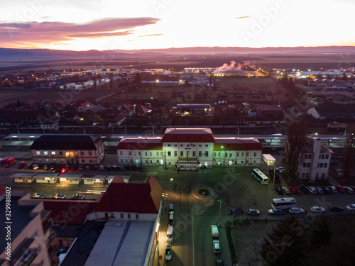 Aerial view of small city in Romania   Sfantu Gheorghe   at dawn 
