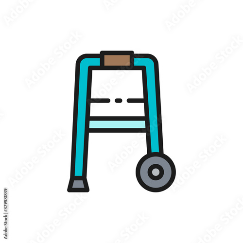 Cane, walker, medical device flat color line icon.