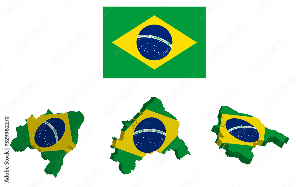 flag of Brazil in a static position and the outlines of the country in the color of the national flag, on a transparent background
