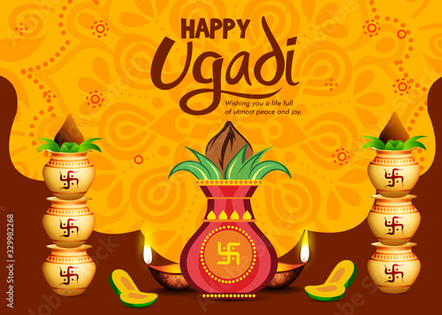 vector festive illustration. Hindu New Year celebration for Marathas and Konkani Gudi Padwa. design of festival Ugadi (Gudi Padwa). Vector illustration.