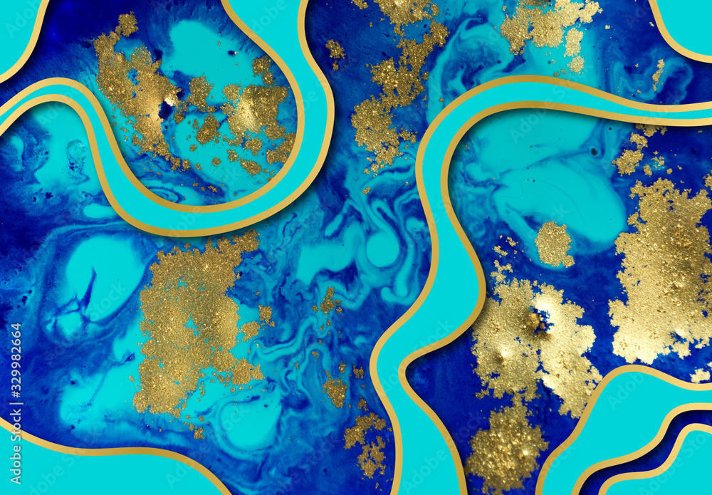 Marbled blue and gold abstract background. Liquid marble pattern. Marbled blue and gold abstract background. Liquid marble pattern.