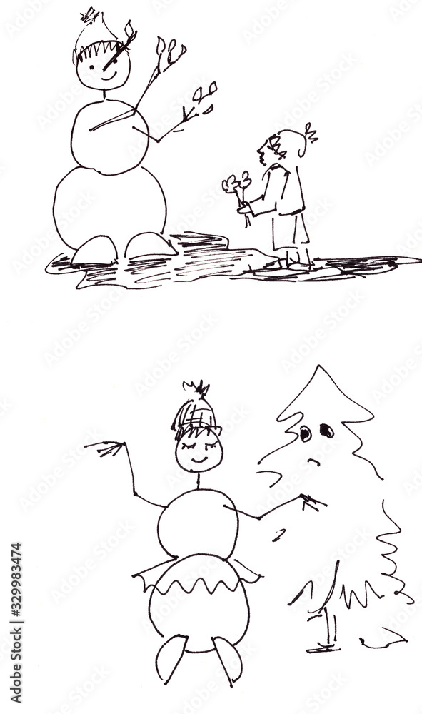 Naklejka premium graphic black and white drawing of an adventure boy and a snowman