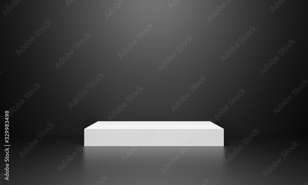 3d exhibition stand. White blank empty podium on grey black background for presentation and exposition. Abstract 3d podium dark for mock up store. Pedestal for display product. Interior stage. 3d exhibition stand. White blank empty podium on grey black background for presentation and exposition. Abstract 3d podium dark for mock up store. Pedestal for display product. Interior stage.
