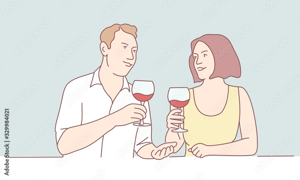 Hand drawn vector illustration of man and woman characters drinking wine. Hand drawn vector illustration of man and woman characters drinking wine.