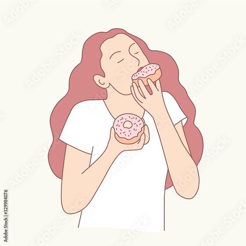 Girl characters eating pastries. Hand drawn vector illustration.