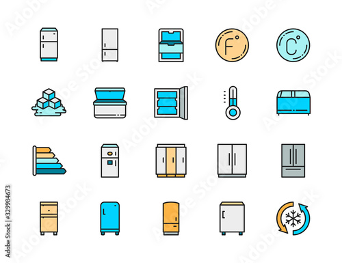 Set of Fridge Flat Color Line Icons. Freezer, Refrigerator, Ice Cubes and more.