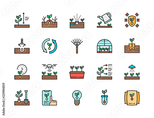 Set of Planting Flat Color Line Icons. Rake, Greenhouse, Agriculture and more.