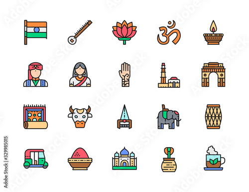 Set of Indian Culture Flat Color Line Icons. Elephant, Cobra, Mantra and more.