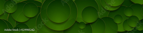 Tech geometric background with abstract golden and green circles. Vector banner design