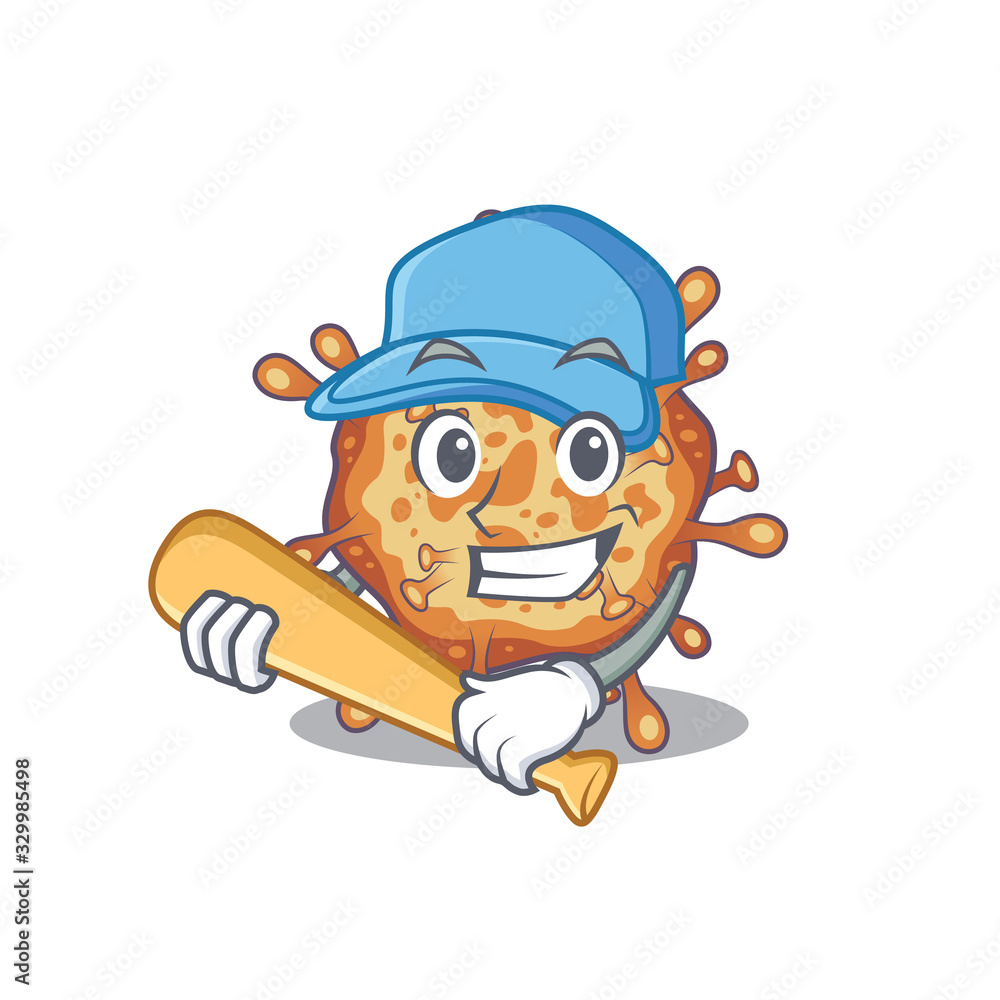 Mascot design style of retro virus corona with baseball stick
