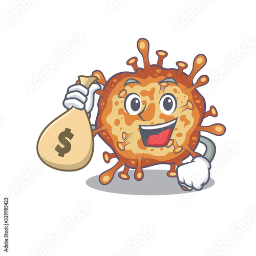 Smiley rich retro virus corona cartoon character bring money bags