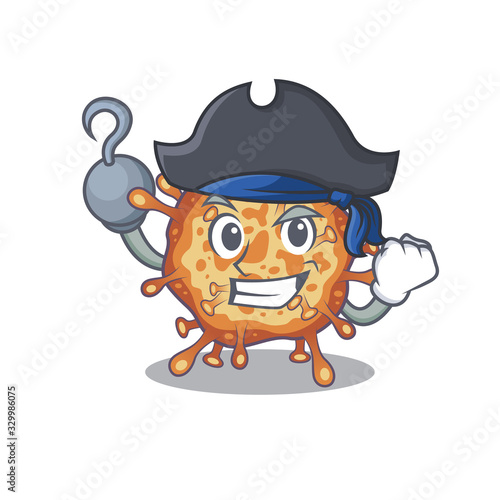 Cool retro virus corona in one hand Pirate cartoon design style with hat
