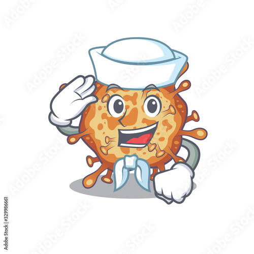 Cute retro virus corona Sailor cartoon character wearing white hat