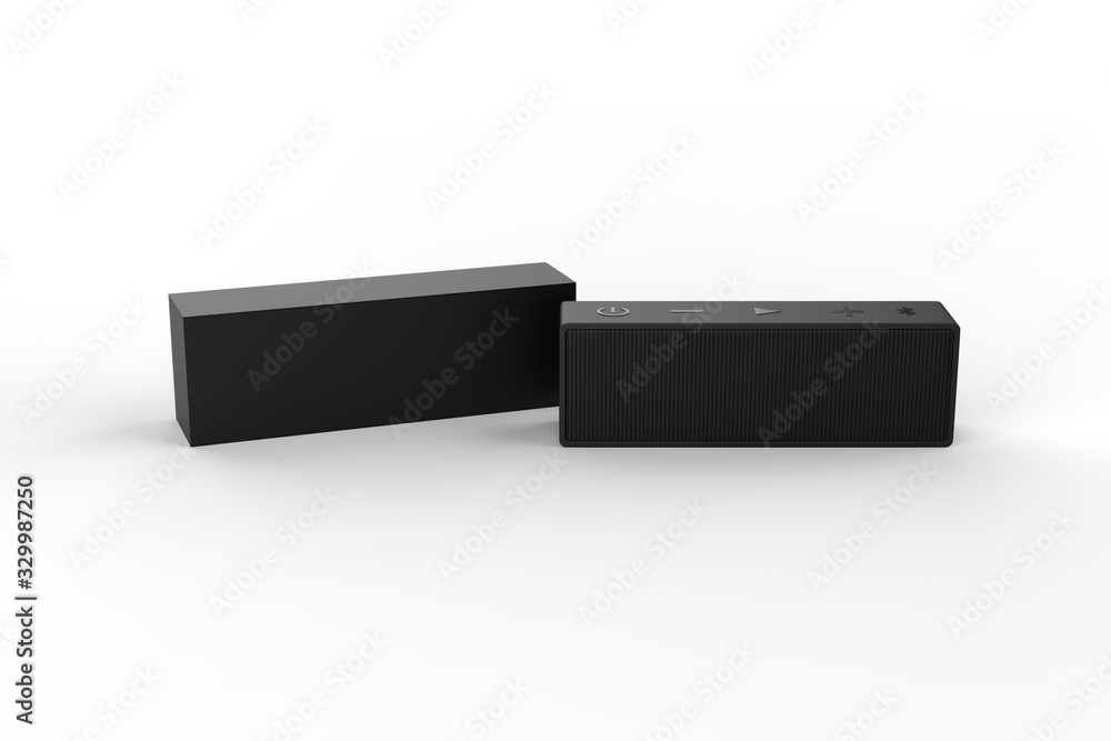 Wireless Bluetooth speakers with box on a white background - 3D illustration Wireless Bluetooth speakers with box on a white background - 3D illustration
