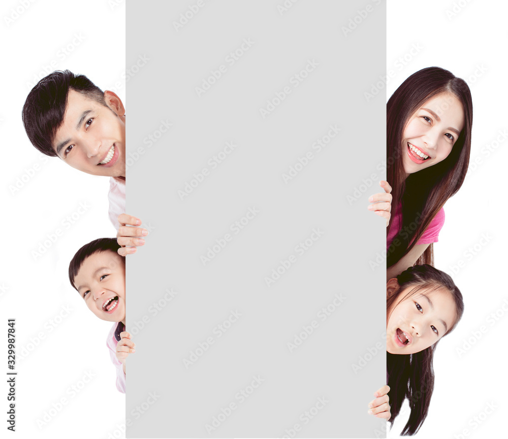 happy family showing the Blank Board and banner On White Background happy family showing the Blank Board and banner On White Background